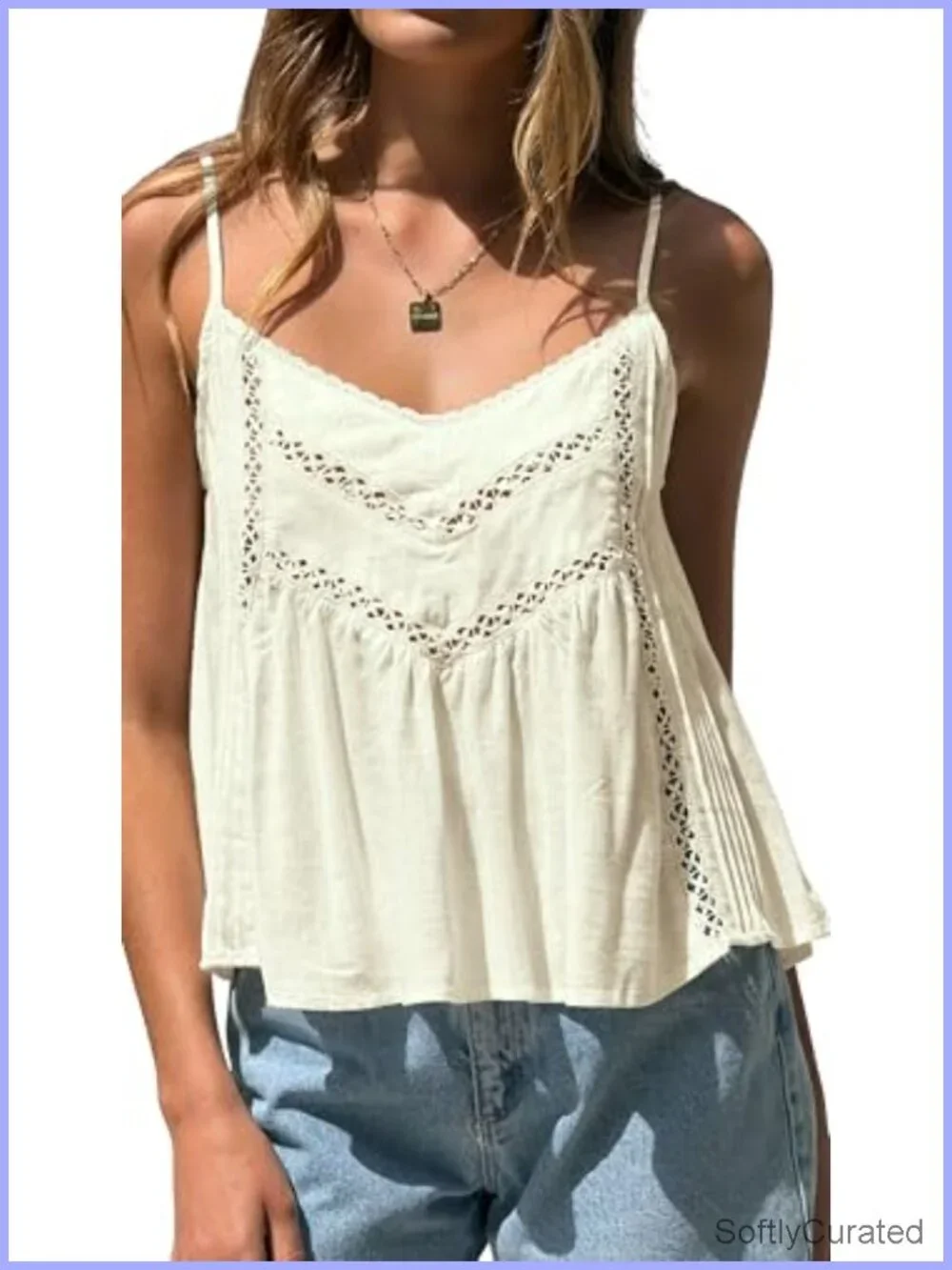 Linen Viscose Adjustable Straps V Neck Pleated Crochet Lace Cami Tank Top Boho